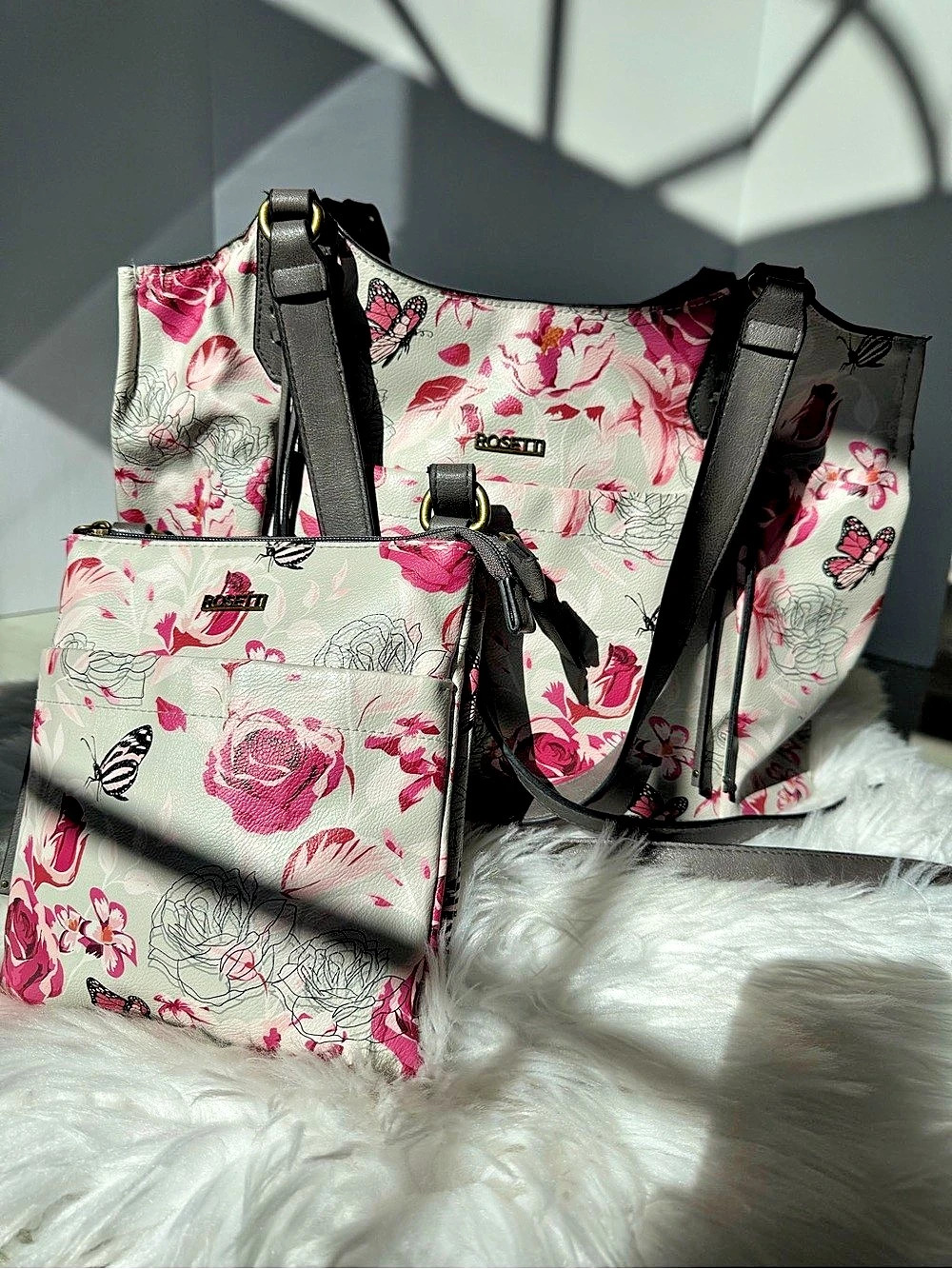 Rosetti Floral Butterfly 2 Piece Handbag Tote & Crossbody Purse Set